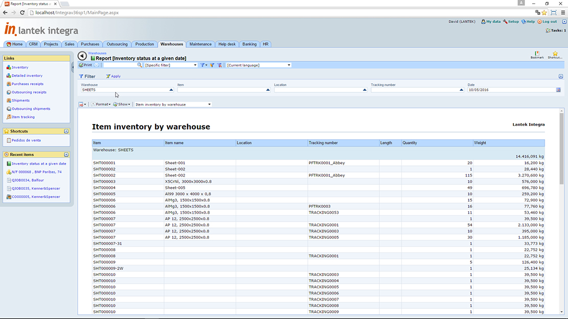 Lantek Integra Inventory  - Inventory status at a given date